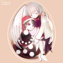 Rule 34 | 2girls, bad id, bad twitter id, beige background, book, bow, bowtie, braid, doremy sweet, dress, english text, closed eyes, feathers, french braid, full body, hat, hug, jacket, kishin sagume, long sleeves, looking at viewer, multicolored eyes, multiple girls, nightcap, hugging object, pillow, pillow hug, pom pom (clothes), short sleeves, silver hair, simple background, single wing, sitting, smile, socks, taka8, touhou, twitter username, wings