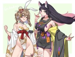 Rule 34 | 2girls, :d, animal ear fluff, animal ears, bare legs, bare shoulders, black hair, black kimono, blue eyes, blush, breasts, brown hair, cleavage, clenched hand, cowboy shot, crossed bangs, detached sleeves, double fox shadow puppet, fingernails, floating hair, floral print, flower, fox ears, fox girl, fox shadow puppet, fox tail, green eyes, hair between eyes, hair ornament, hands up, highleg, highleg leotard, highres, japanese clothes, kanzashi, kimono, large breasts, leotard, long hair, medium breasts, medium hair, multicolored hair, multiple girls, nail polish, ofuda, ofuda on arm, ofuda on leg, open mouth, original, pentagram necklace, pink hair, rabbit ears, rabbit girl, red nails, red sash, sash, short kimono, sideboob, skindentation, smile, strapless, strapless leotard, tail, taka oedo, thigh gap, thigh strap, two-tone hair, white leotard, white sleeves, wide sleeves