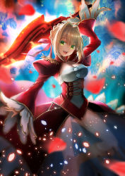Rule 34 | 10s, 1girl, :d, aestus estus, ahoge, armor, armored boots, blonde hair, boots, breasts, epaulettes, fate/extra, fate (series), gluteal fold, green eyes, hair intakes, highres, nero claudius (fate), nero claudius (fate), nero claudius (fate/extra), open mouth, panties, petals, see-through, smile, solo, standing, standing on one leg, suishougensou, underwear, wide sleeves