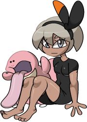 Rule 34 | . ., 1girl, :|, barefoot, bea (pokemon), black bodysuit, black eyes, black hairband, blue eyes, bob cut, bodysuit, breasts, closed mouth, covered navel, creatures (company), dark-skinned female, dark skin, expressionless, female focus, full body, game freak, gen 1 pokemon, grey hair, gym leader, hairband, jaggy lines, knees up, lickitung, long tongue, looking at viewer, nintendo, open mouth, pokemon, pokemon (creature), pokemon swsh, shiny clothes, shiny skin, short hair, short sleeves, sidelocks, simple background, sitting, small breasts, sweat, tongue, tongue out, vilepluff, white background