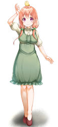 Rule 34 | 10s, 1girl, arm up, blush, braid, brown footwear, chick on head, closed mouth, dress, flats, frilled dress, frills, full body, green dress, highres, hinako note, long hair, looking at viewer, low twintails, na53, orange hair, purple eyes, sakuragi hinako, shoes, short sleeves, side braid, simple background, smile, solo, standing, twintails, white background