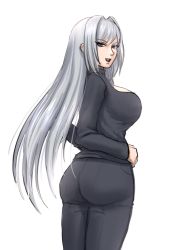 Rule 34 | 1girl, ass, breasts, cleavage cutout, clothing cutout, denim, ethel (xenoblade), grey hair, hands on own hips, highres, jeans, large breasts, legs, long hair, looking at viewer, looking back, open mouth, pants, sideboob, smile, solo, sweater, thighs, xenoblade chronicles (series), xenoblade chronicles 3