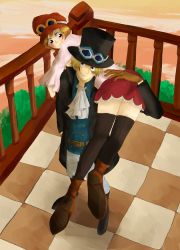Rule 34 | 1boy, 1girl, belt, boots, carrying, checkered floor, gloves, goggles, hat, jacket, koala (one piece), one piece, pants, sabo (one piece), scar, skirt, thighhighs