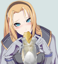 Rule 34 | 1girl, armor, bad id, bad pixiv id, blonde hair, blue eyes, fellatio, food, gloves, hairband, head tilt, highres, kumiko shiba, league of legends, long hair, looking at viewer, lux (league of legends), mouth hold, oral, phallic symbol, sandwich, sexually suggestive, simulated fellatio, solo
