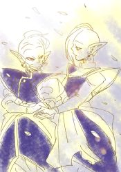 Rule 34 | 10s, 2boys, black eyes, dragon ball, dragon ball super, earrings, egyptian clothes, gowasu, hands together, happy, jewelry, long sleeves, looking at another, male focus, mohawk, monochrome, multiple boys, pointy ears, simple background, smile, white background, zamasu
