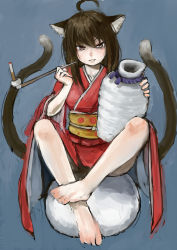Rule 34 | 1girl, ahoge, animal ears, barefoot, blue background, brown eyes, brown hair, cat ears, cat tail, cigarette, commentary request, convenient leg, ebimomo, highres, holding, japanese clothes, kimono, light smile, looking at viewer, multiple tails, nekomata, obi, original, parted lips, red kimono, sash, simple background, sitting, smile, smoking pipe, solo, tail, two tails