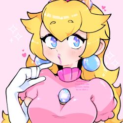Rule 34 | 1girl, blonde hair, blue eyes, blue gemstone, blush, breasts, brooch, crown, dress, earrings, elbow gloves, eyelashes, gem, glint, gloves, hand up, heart, highres, iamfixated, jewelry, large breasts, lips, long hair, looking at viewer, mario (series), nintendo, parted lips, pink background, pink dress, pink lips, pointing, pointing at self, princess, princess peach, puffy short sleeves, puffy sleeves, short sleeves, simple background, solo, sparkle, super mario bros. 1, taut clothes, taut dress, turtleneck, upper body, white gloves