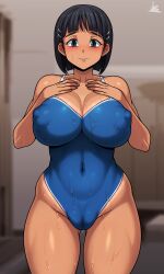 Rule 34 | 1girl, absurdres, black hair, blue one-piece swimsuit, blush, breasts, cameltoe, cleft of venus, closed mouth, covered erect nipples, covered navel, curvy, gluteal fold, hair ornament, hairclip, hand on own chest, highres, jmg, kirigaya suguha, large breasts, looking at viewer, oiled, one-piece swimsuit, short hair, skin tight, solo, standing, swimsuit, sword art online, tan, tanline, wet