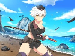 Rule 34 | 1girl, battoujutsu stance, beach, belt, belt buckle, belt pouch, bird, blue sky, breasts, brown belt, buckle, buttons, cleavage, cloud, collarbone, day, double-breasted, drawing sword, fighting stance, gloves, hat, holding, holding sheath, holding sword, holding weapon, horizon, infinity symbol, katana, large breasts, looking at viewer, midriff, miyabi (senran kagura), mountain, ocean, official art, pouch, purple shirt, purple thighhighs, ready to draw, rock, sand, scabbard, seagull, senran kagura, senran kagura new link, senran kagura shinovi versus, sheath, shirt, short hair, sky, slit pupils, solo, sword, thighhighs, torn clothes, tree, unsheathing, water, waves, weapon, white gloves, white hair, yaegashi nan, yellow eyes