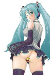 Rule 34 | 1girl, ass, censored, duplicate, female focus, hatsune miku, looking back, no panties, skirt, solo, testa, thighhighs, twintails, vocaloid, yamaha