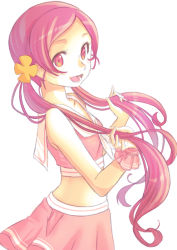 Rule 34 | 1girl, :d, collarbone, crop top, floating hair, from side, hair ornament, hair over shoulder, hanasaki tsubomi, heartcatch precure!, holding, holding hair, jj (ssspulse), long hair, looking at viewer, midriff, miniskirt, open mouth, parted bangs, pink hair, pink skirt, pleated skirt, precure, red eyes, sailor collar, simple background, skirt, smile, solo, standing, twintails, very long hair, white background, white neckwear, white sailor collar, wrist cuffs