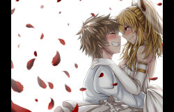 Rule 34 | 1boy, 1girl, alternate costume, bare shoulders, blonde hair, blush, bow, breasts, bridal veil, bride, brown hair, clenched teeth, closed mouth, commentary, couple, dress, elbow gloves, closed eyes, face-to-face, facing another, formal, gloves, gran (granblue fantasy), granblue fantasy, grin, hair bow, hand on another&#039;s shoulder, happy, hetero, highres, hug, husband and wife, jewelry, large breasts, long hair, long sleeves, looking at another, neck, petals, pillarboxed, ponytail, red eyes, ring, rose petals, sanmoto gorouzaemon, see-through, short hair, smile, strapless, strapless dress, suit, teeth, veil, vira (granblue fantasy), wedding, wedding band, wedding dress, white bow, white dress, white gloves, white suit