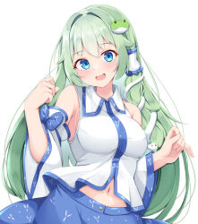 Rule 34 | 1girl, :d, bare shoulders, blue eyes, blue skirt, blush, breasts, clothes lift, collared shirt, commentary request, detached sleeves, frog hair ornament, green hair, hair ornament, hair tubes, hands up, happy, kochiya sanae, long hair, looking at viewer, medium breasts, midriff peek, navel, nontraditional miko, open mouth, print skirt, rururiaru, shirt, shirt lift, skirt, smile, snake hair ornament, solo, touhou, very long hair, white shirt, wide sleeves
