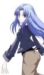 Rule 34 | 00s, 1girl, ass, blue eyes, blue hair, braid, casual, fate/stay night, fate (series), haruno tomoya, matching hair/eyes, medea (fate), official alternate costume, pointy ears, simple background, solo, white background