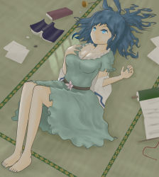 Rule 34 | 1girl, barefoot, blue dress, blue eyes, blue hair, book, breasts, cleavage, collarbone, dress, flower, hair ornament, hair rings, hair stick, hand on own chest, kaku seiga, large breasts, lying, matching hair/eyes, messy hair, nail polish, on back, open book, scroll, smile, solo, squall (artist), squall (v303), tatami, touhou