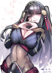 Rule 34 | 10s, 1girl, 2016, ario, artist name, beads, black hair, bracelet, breasts, bridal gauntlets, cleavage, covered navel, dated, fire emblem, fire emblem fates, grey eyes, groin, hair ornament, interlocked fingers, jewelry, large breasts, long hair, nintendo, petals, rhajat (fire emblem), simple background, smile, solo, two side up, white background