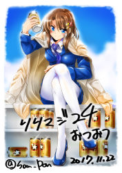 Rule 34 | 1girl, alcohol, beer, blue eyes, blue footwear, blue jacket, blue necktie, blue skirt, brown hair, closed mouth, coat, commentary request, crossed legs, dated, dress shirt, flats, full body, hair ornament, hand on own thigh, highres, holding, jacket, jacket on shoulders, long hair, long sleeves, looking at viewer, lyrical nanoha, military, military uniform, miniskirt, necktie, pantyhose, pencil skirt, san-pon, shirt, short hair, sitting, skirt, smirk, solo, translation request, tsab naval military uniform, twitter username, uniform, v-shaped eyebrows, white coat, white pantyhose, white shirt, x hair ornament, yagami hayate