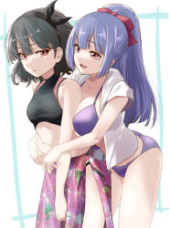 Rule 34 | 2girls, ass, assault lily, bare arms, bare shoulders, bikini, black bikini, black bow, black hair, black hairband, blunt bangs, bow, bow hairband, breast press, breasts, cleavage, collarbone, commentary request, cowboy shot, floral print, framed, fukuyama jeanne sachie, hair bow, hairband, half updo, halterneck, hand on own stomach, highres, holding hands, hug, hug from behind, kuroki francisca yuria, large breasts, leaning forward, looking at another, looking at viewer, looking to the side, medium hair, multiple girls, open clothes, open shirt, outside border, parted lips, pink eyes, pink sarong, print sarong, purple bikini, purple hair, red bow, red eyes, sarong, short sleeves, shorts, sideways glance, small breasts, smile, standing, swimsuit, swimsuit cover-up, urutsu sahari, white background, white shorts, yuri