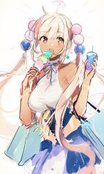 Rule 34 | 1girl, blonde hair, dark-skinned female, dark skin, food, hair ornament, highres, holding, holding food, holding ice cream, hololive, hololive english, ice cream, limiter (tsukumo sana), long hair, looking at viewer, open mouth, planet hair ornament, tsukumo sana, tsukumo sana (1st costume), twintails, very long hair, virtual youtuber, weee (raemz), yellow eyes