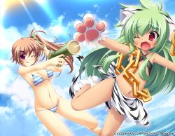 Rule 34 | 2girls, ;q, absurdres, animal ears, animal hands, barefoot, batai, beach, bikini, breasts, brown hair, cat ears, chain, cleavage, dual wielding, earrings, fang, flat chest, gloves, green hair, highres, holding, huge filesize, jewelry, koihime musou, kuwada yuuki, long hair, moukaku, multiple girls, navel, ocean, one eye closed, open mouth, paw gloves, paw shoes, purple eyes, red eyes, shoes, side ponytail, smile, striped bikini, striped clothes, sunlight, swimsuit, tail, tears, tongue, tongue out, wading, water gun, wince