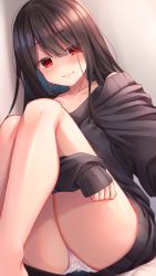 Rule 34 | 1girl, ass, bad id, bad pixiv id, beige background, black sweater, blush, collarbone, commentary request, highres, long hair, long sleeves, looking at viewer, off-shoulder sweater, off shoulder, original, panties, ramchi, red eyes, simple background, sleeves past wrists, smile, solo, sweater, thighs, underwear, white panties, yandere-chan (ramchi)