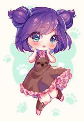 Rule 34 | 1girl, animal print, aqua eyes, artist name, bear print, blush, borrowed character, brown dress, brown socks, chibi, collared shirt, commission, double bun, dress, frilled dress, frills, green background, hair bun, hands on own cheeks, hands on own face, hands up, hyanna-natsu, kneehighs, knees together feet apart, looking at viewer, open mouth, original, paw print, paw print background, pinafore dress, pink shirt, purple hair, shirt, sleeveless dress, socks, solo, swept bangs, tareme, wing collar