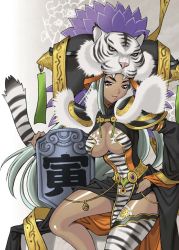 Rule 34 | animal hat, animal print, breasts, dark-skinned female, dark skin, hat, large breasts, legs, long hair, naughty face, silver hair, single thighhigh, smile, solo, striped clothes, striped thighhighs, tail, thighhighs, tiger print, underboob, yukiyanagi