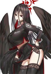 Rule 34 | 1girl, aile (crossroads), black hair, black wings, blue archive, hasumi (blue archive), highres, long hair, long sleeves, mouth hold, panties, red eyes, solo, underwear, wings
