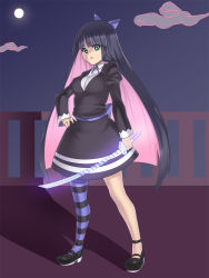 Rule 34 | 10s, 1girl, bow, colored inner hair, dress, green eyes, hair bow, hand on own hip, houtengeki, legs, long hair, multicolored hair, panty &amp; stocking with garterbelt, single thighhigh, solo, stocking (psg), striped clothes, striped thighhighs, stripes i &amp; ii, sword, thighhighs, two-tone hair, weapon