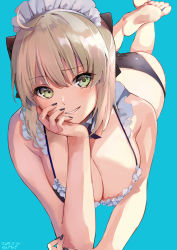 Rule 34 | 1girl, ahoge, ass, barefoot, bikini, black bikini, black nails, blonde hair, blue background, blush, breasts, cleavage, commentary request, fate/grand order, fate (series), feet, feet out of frame, fingernails, frilled bikini, frills, green eyes, hand on own cheek, hand on own face, highres, large breasts, long fingernails, looking at viewer, lying, maid, maid bikini, maid headdress, nail polish, okita souji (fate), okita souji (koha-ace), on stomach, parted lips, shiromonefu, short hair, simple background, smile, soles, solo, swimsuit, unconventional maid