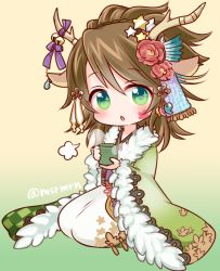 Rule 34 | 1girl, animal ears, antlers, bad id, bad pixiv id, bell, brown hair, coat, cup, deer ears, facial tattoo, flower, fur trim, gradient background, green eyes, hair flower, hair ornament, hair up, horn ornament, horn ribbon, horns, japanese clothes, jingle bell, kano (p&amp;d), kimono, looking at viewer, mashiro miru, puzzle &amp; dragons, ribbon, seiza, sitting, solo, sparkling eyes, star (symbol), star hair ornament, tattoo, teacup, twitter username