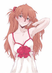 Rule 34 | 00s, 1girl, armpits, blue eyes, breasts, brown hair, chemise, cleavage, dbqp, evangelion: 2.0 you can (not) advance, long hair, neon genesis evangelion, rebuild of evangelion, ruffling hair, simple background, smile, solo, souryuu asuka langley, upper body