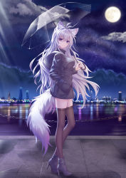 Rule 34 | 1girl, absurdres, animal ear fluff, animal ears, antenna hair, black jacket, black thighhighs, breasts, chain, commentary request, fox ears, fox girl, fox tail, from side, full body, full moon, hair between eyes, hand in pocket, high heels, highres, holding, holding umbrella, hood, hood down, hooded jacket, jacket, kirby d a, long hair, looking at viewer, medium breasts, moon, night, original, outdoors, purple eyes, revision, silver hair, sky, solo, standing, star (sky), starry sky, tail, thighhighs, transparent, transparent umbrella, umbrella, very long hair, zettai ryouiki