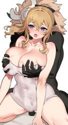 Rule 34 | 1boy, 1girl, bare shoulders, blonde hair, blue eyes, blush, breasts, bulge, censored, cleavage, commission, covered navel, genshin impact, grabbing, grabbing another&#039;s breast, grabbing from behind, hair between eyes, hetero, highres, hilichurl (genshin impact), jean (genshin impact), large breasts, long hair, mosaic censoring, ndgd, off-shoulder one-piece swimsuit, off shoulder, one-piece swimsuit, open mouth, penis, pixiv commission, ponytail, sidelocks, simple background, strapless, swimsuit, tube top, white swimsuit