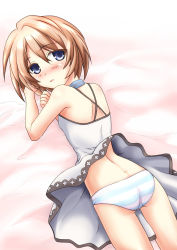 Rule 34 | 10s, 1girl, ass, bare shoulders, blanc (neptunia), blue eyes, blush, brown hair, clothes lift, dress, dress lift, from above, from behind, highres, looking at viewer, looking back, mochizuki kazuto, neptune (series), open mouth, panties, parted lips, short hair, solo, striped clothes, striped panties, underwear