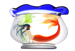 Rule 34 | 1girl, arm support, back, black hair, buffy, completely nude, fins, fish tank, fishbowl, floating, floating hair, from side, green eyes, head fins, highres, in container, long hair, looking at viewer, looking back, mermaid, mini person, minigirl, monster girl, nude, parted lips, plant, scales, simple background, solo, underwater, water, white background