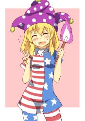 Rule 34 | 1girl, alternate hair length, alternate hairstyle, american flag dress, american flag legwear, blonde hair, blush, breasts, closed eyes, clownpiece, cowboy shot, flying sweatdrops, hair between eyes, hat, head tilt, jester cap, long hair, no wings, open mouth, pantyhose, pink background, shimouki izui, short sleeves, small breasts, smile, solo, striped clothes, striped pantyhose, sweatdrop, torch, touhou, v, very long hair, white background