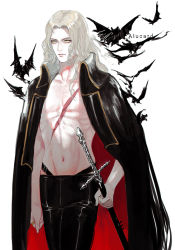 Rule 34 | 1boy, alucard (castlevania), androgynous, bare pectorals, bat (animal), belt, bishounen, black belt, black cape, black pants, blonde hair, cape, castlevania (netflix), castlevania (series), character name, closed mouth, cropped legs, dhampir, european clothes, half-human, high collar, holding, holding sword, holding weapon, long hair, looking afar, male focus, navel, nightarmster, pale skin, pants, pectorals, scar, scar on chest, sheath, sheathed, simple background, solo, standing, stomach, sword, tail, undead, vampire, weapon, white background, yellow eyes
