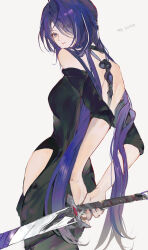Rule 34 | 1girl, absurdres, acheron (honkai: star rail), alternate costume, back, backless dress, backless outfit, bare shoulders, black choker, black dress, chibiya1010, choker, commentary, cowboy shot, dress, eyes visible through hair, from behind, hair ornament, hair over one eye, highres, hip vent, holding, holding sword, holding weapon, honkai: star rail, honkai (series), long hair, looking at viewer, pencil dress, purple eyes, purple hair, shoulder blades, solo, spine, sword, sword behind back, symbol-only commentary, translation request, weapon, white background