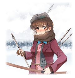 Rule 34 | 10s, 1girl, arrow (projectile), beret, bow (weapon), braid, brown eyes, brown hair, commentary request, dongsa wonhyong, girls und panzer, gloves, hat, hat feather, holding, holding bow (weapon), holding weapon, jacket, outdoors, partially fingerless gloves, rukuriri (girls und panzer), single glove, snow, snowing, solo, tree, weapon, winter