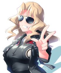Rule 34 | 1girl, absurdres, alternate costume, aviator sunglasses, black jacket, blonde hair, blue eyes, commentary, dated, girls und panzer, grey jumpsuit, grin, hair intakes, highres, jacket, jumpsuit, kay (girls und panzer), kuzuryuu kennosuke, long hair, long sleeves, looking at viewer, military, military uniform, one-hour drawing challenge, open clothes, open jacket, partially unzipped, patch, sharp teeth, simple background, smile, solo, sunglasses, teeth, tinted eyewear, twitter username, uniform, w, white background, yellow-framed eyewear