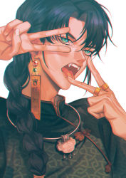 Rule 34 | 1boy, absurdres, black hair, blue eyes, braid, chinese clothes, double v, duanduan, earrings, fangs, hands up, highres, jewelry, long hair, male focus, necklace, open mouth, original, parted bangs, ring, simple background, solo, upper body, v, white background