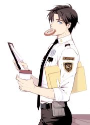 Rule 34 | 1boy, belt, black hair, black necktie, blue eyes, casatalie, clipboard, coffee, dc comics, dick grayson, doughnut, envelope, food, leaning, looking at viewer, male focus, mouth hold, necktie, police, police badge, police uniform, simple background, solo, uniform, white background