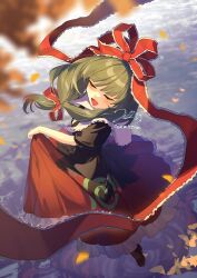 Rule 34 | 1girl, autumn leaves, bow, brown footwear, closed eyes, commission, dress, frilled bow, frilled dress, frilled ribbon, frills, from above, front ponytail, gradient dress, green hair, hair bow, hair ribbon, highres, jill 07km, kagiyama hina, lifted by self, open mouth, puffy short sleeves, puffy sleeves, red bow, red ribbon, ribbon, short sleeves, skeb commission, smile, solo, touhou, two-tone dress