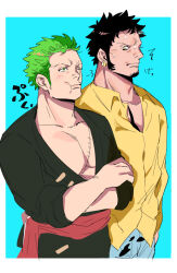 Rule 34 | 2boys, bara, black hair, blush, chiseled face, cowboy shot, crossed arms, earrings, facial hair, goatee, green hair, japanese clothes, jewelry, kimono, large pectorals, light blush, male focus, multiple boys, muscular, muscular male, nervous sweating, one piece, pectoral cleavage, pectorals, pout, profile, roronoa zoro, sei ka02, short hair, sideways glance, sweat, thick neck, three quarter view, trafalgar law, translation request