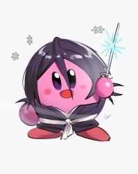Rule 34 | :d, black hair, bleach, cosplay, highres, holding, holding sword, holding weapon, japanese clothes, katana, kirby, kirby (series), kuchiki rukia, kuchiki rukia (cosplay), nintendo, no humans, open mouth, smile, snowflakes, solo, sword, waligner, weapon, white background