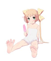 Rule 34 | 1girl, 8 beat story, bare shoulders, barefoot, blonde hair, blush, character request, dress, feet, food, foot focus, green eyes, hair ribbon, highres, long hair, looking at viewer, maidforge, polka dot, polka dot ribbon, popsicle, ribbon, sitting, smile, soles, solo, toe scrunch, toes, tongue, tongue out, white background, white dress, yellow ribbon