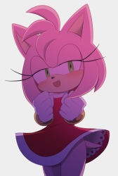 Rule 34 | amy rose, animal nose, bad id, bad pixiv id, blush, bracelet, cowboy shot, dress, eyelashes, fang, furry, furry female, gloves, green eyes, hedgehog, hedgehog ears, hedgehog tail, jewelry, open mouth, sikai, simple background, smile, solo, sonic (series)
