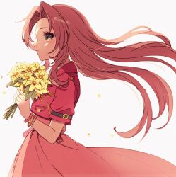 Rule 34 | 1girl, aerith gainsborough, bangle, bouquet, bracelet, brown hair, cropped jacket, dress, facing to the side, falling petals, final fantasy, final fantasy vii, final fantasy vii rebirth, final fantasy vii remake, flower, green eyes, highres, holding, holding bouquet, jacket, jewelry, light blush, lily (flower), long dress, long hair, parted bangs, parted lips, petals, pink dress, red jacket, sana (sanaa653), short sleeves, sidelocks, solo, upper body, wavy hair, white background, yellow flower, yellow petals