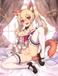Rule 34 | 1girl, animal ear fluff, animal ears, anus, bad id, bad pixiv id, bare shoulders, black bow, bow, bowtie, breasts, censored, elin, full body, gloves, highres, long hair, mary janes, mosaic censoring, muloli, nipples, open mouth, pussy, red eyes, shoes, small breasts, solo, spread legs, tail, tera online, thighhighs, twintails, white gloves, white thighhighs